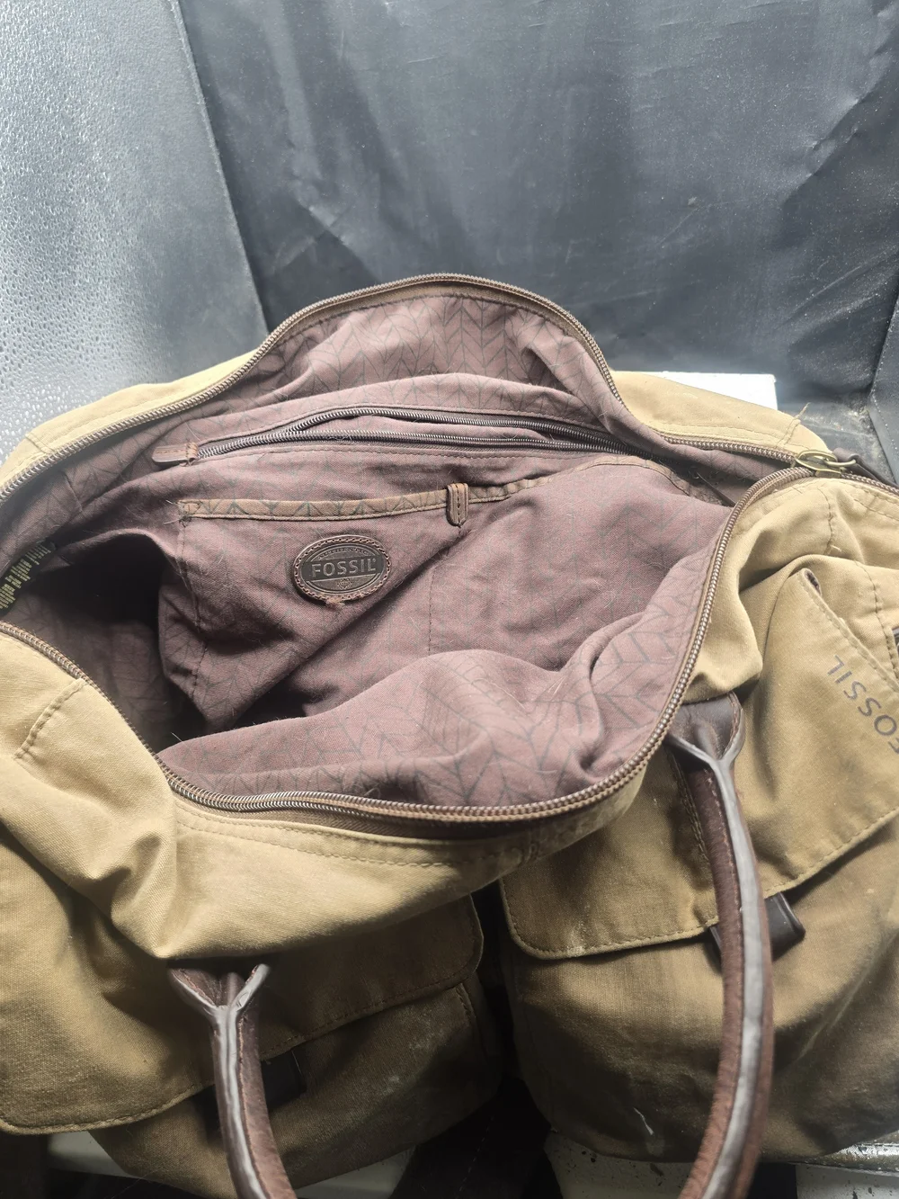 Fossil Brown Canvas Duffel Bag with Leather Accents